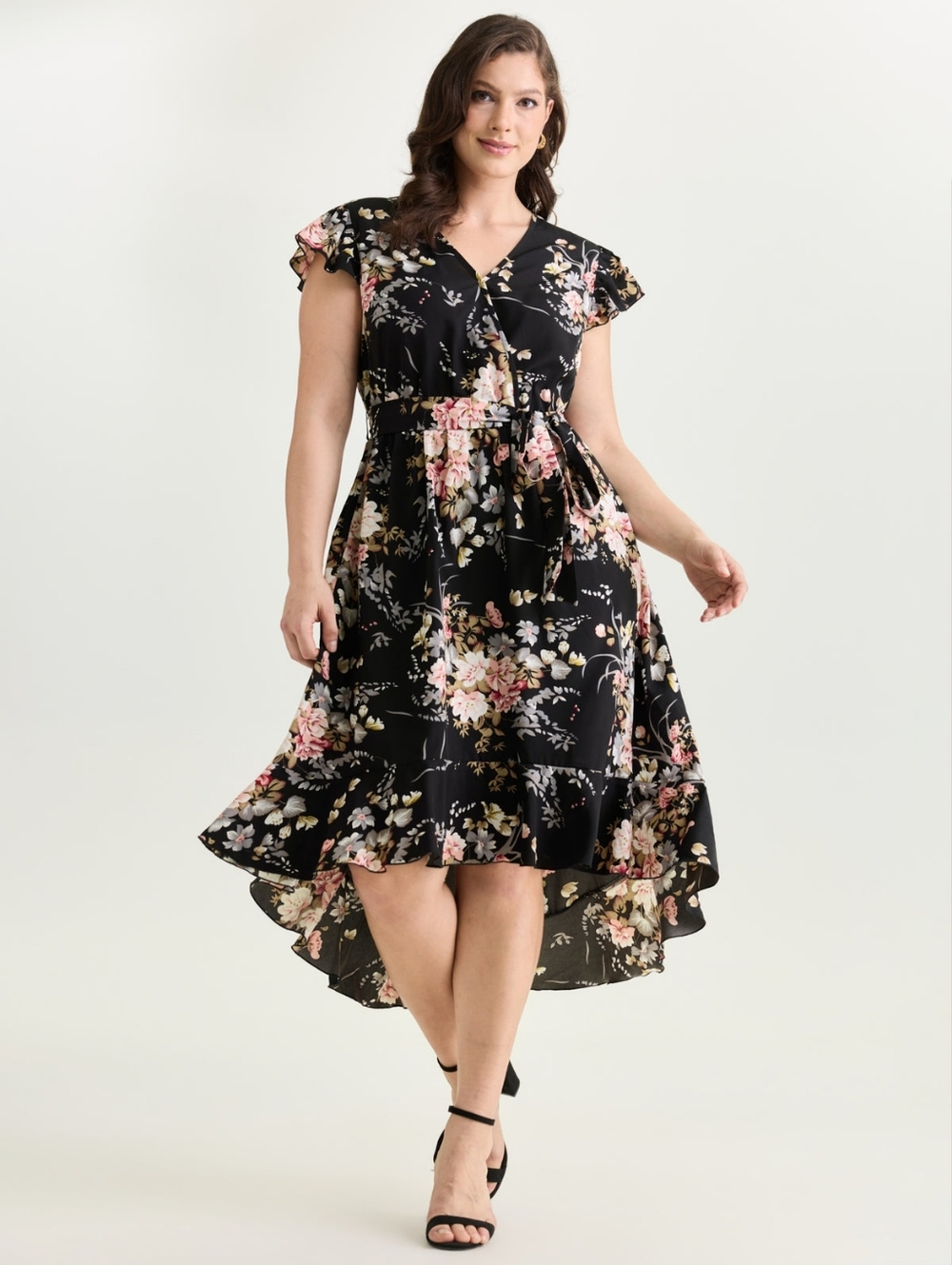 bloom Chic Black Floral Wrap Midi Dress with Pink & Cream Blossoms